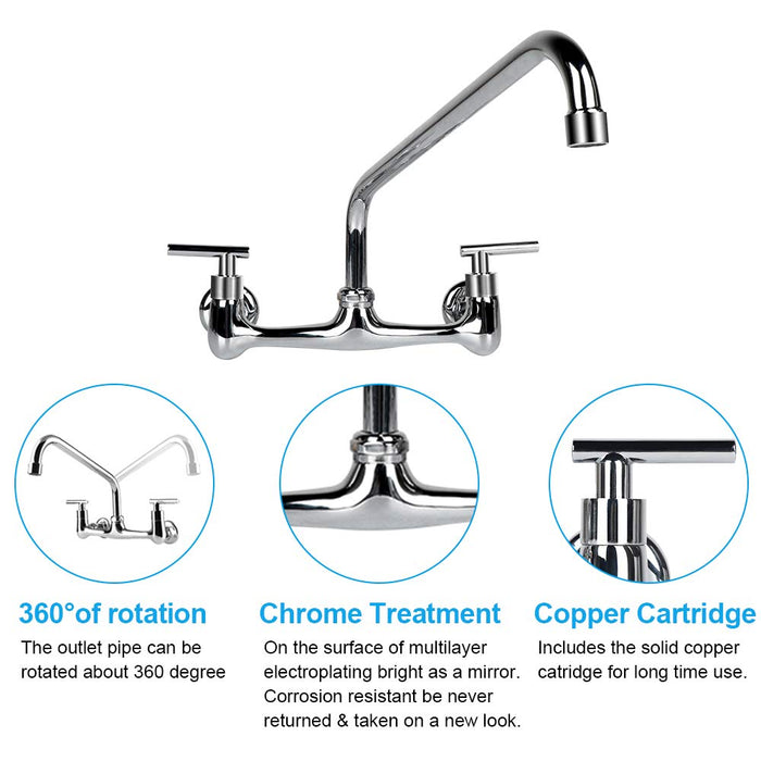 KWODE Commercial Sink Faucet with 14" Swivel Spout 7-9 Adjustable Center Dual Handles Wall Mount Kitchen Faucet Backsplash Mounted On Compartment Sinks for Home Restaurant Industrial