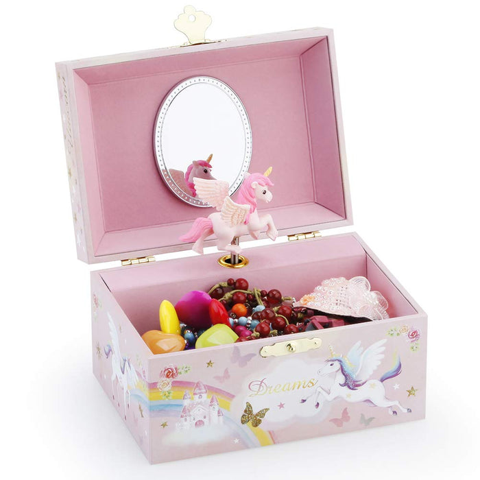 RR ROUND RICH DESIGN Musical Jewelry Glitter Storage Box and Jewelry Set for Little Girls with Spinning Unicorn and Rainbow