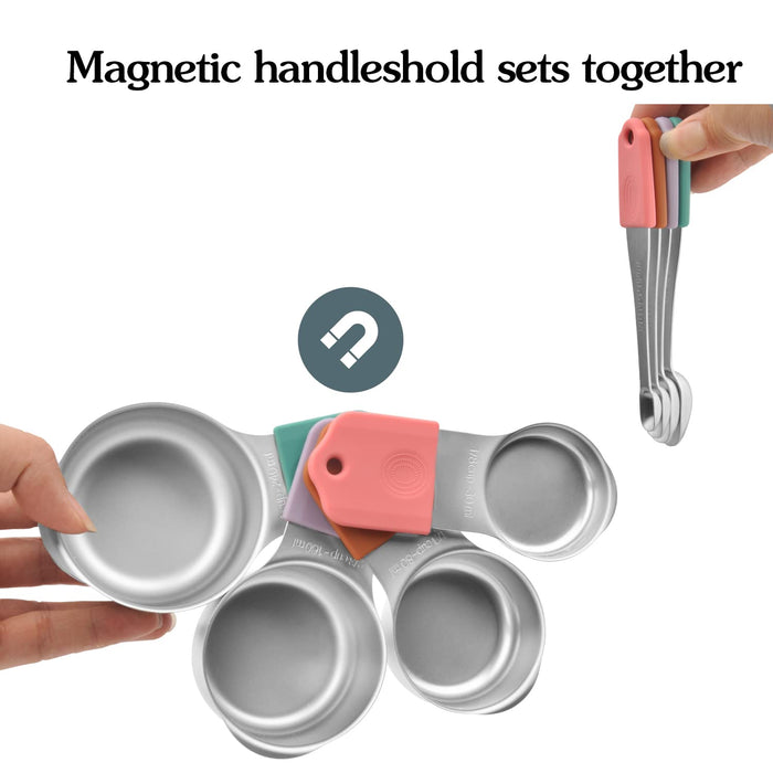 Magnetic Measuring Spoons Set - Wildone Stainless Steel Double Sided Measuring Spoons Set of 7, for Dry and Liquid Ingredients, Including 6 Heavy Duty
