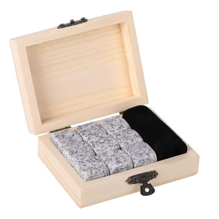 Whiskey Chilling Stones, Wine 9 Ice Rocks in Wooden Box Set Cube Cool Pure Soapstone Wine Drinks Beverage Chilling Stones