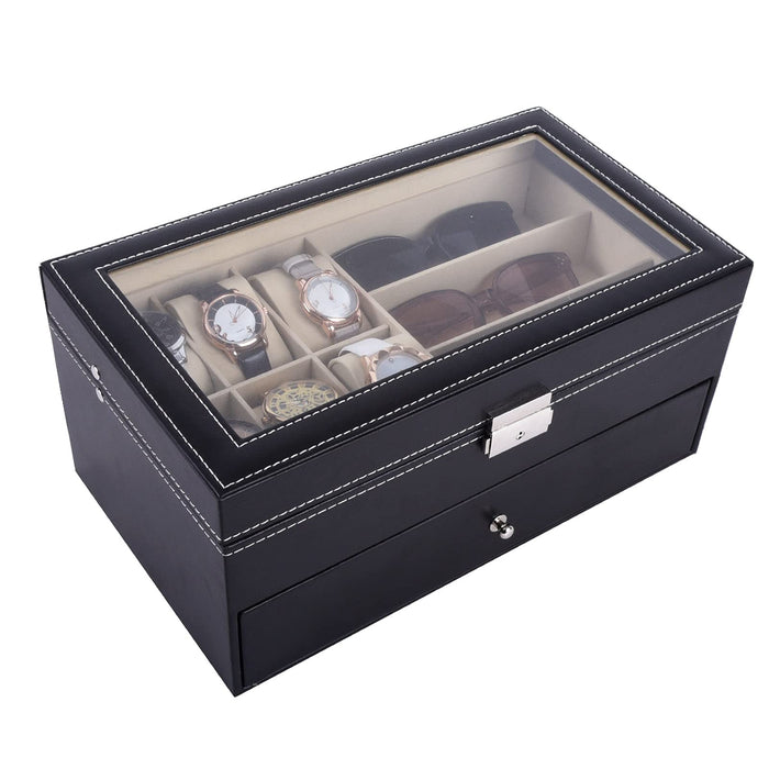 AUTOARK Leather 6 Watch Box Jewelry Case and 9 Piece Eyees Storage and Sun es Display Drawer Lockable Case Organizer,Black,AW048
