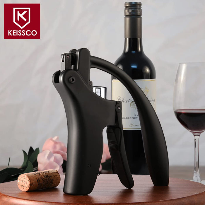 KEISSCO Compact Wine opener Vertical Lever Corkscrew Wine Bottle Opener with Foil Cutter & Extra Screw