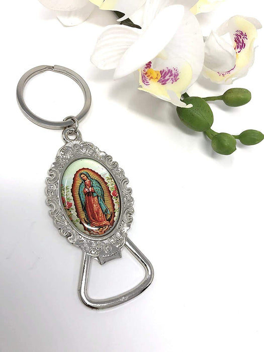 Virgen de Guadalupe Bottle Opener Keychain Baptism Party Favors Bautizo First Communion Memory Silver Keychains With Bottle