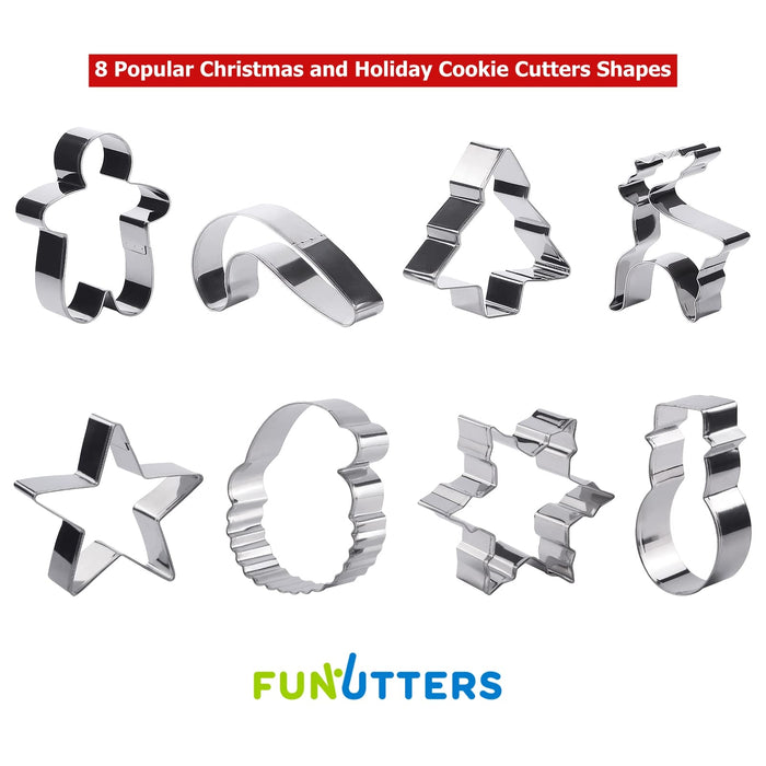 Christmas Cookie Cutters, Holiday Cookie Cutters - 8 PC Set - Christmas Tree, Gingerbread Man, Candy Cane, Star, Santa, ReinDeer