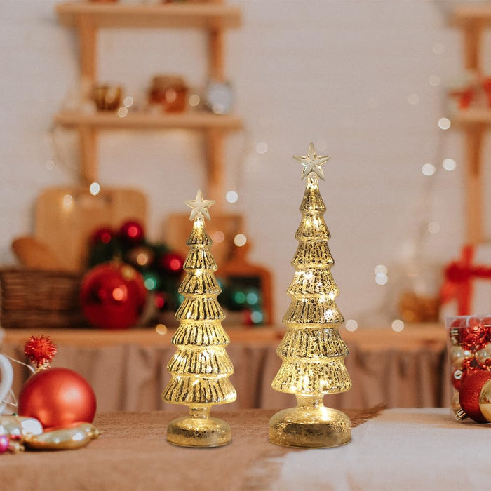 Christmas Decorations Indoor, 3 Pcs Sparkling Glass Gold Christmas Tree Table Decorations with LED Lights and Timer, Textured Xmas Tree Decorations Fo