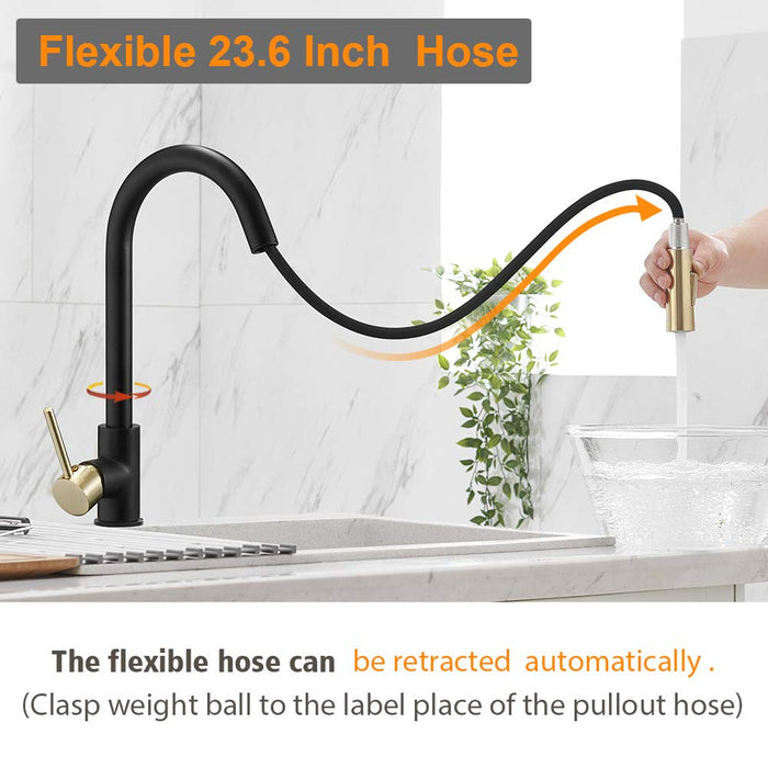 Hoimpro High-Arc Single Handle Kitchen Sink Faucet with Pull Out Sprayer, Modern Rv Kitchen Faucet with Pull Down Sprayer, Touch Water Faucet, Brass/Matte Black & Gold(1 or 3 Hole)
