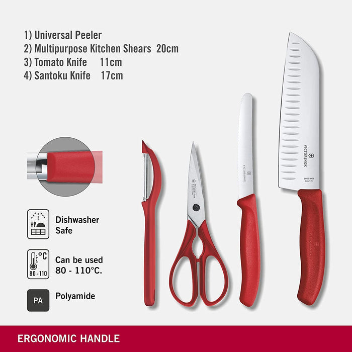 Victorinox Swiss Classic 4 Piece Kitchen Set with Kitchen Knife, Paring Knife, Kitchen Shears and Universal Peeler (Red)