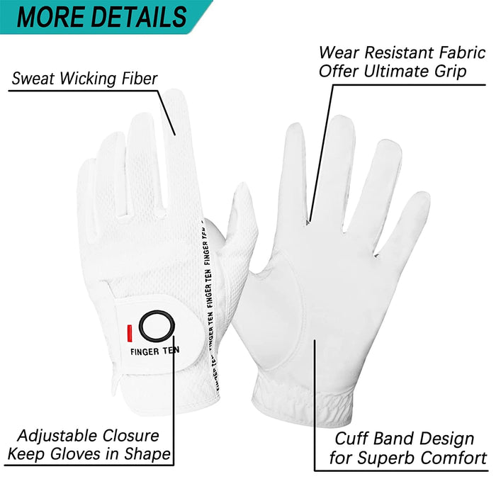 FINGER TEN Men’s Golf Glove Left Hand Rain Grip Pack, Durable Fit for Hot Wet All Weather