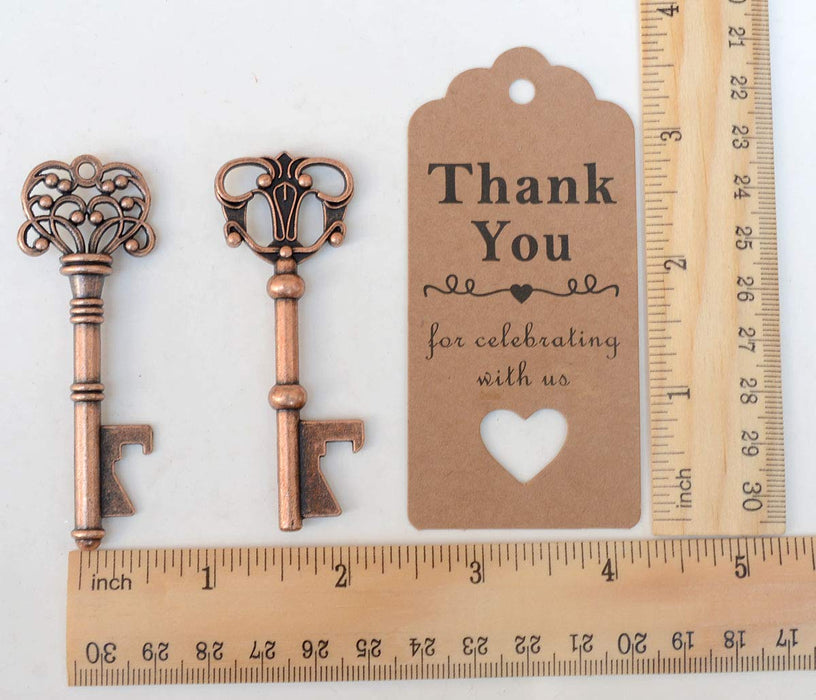 50 Pcs Copper Skeleton Key Beer Bottle Opener With 100 Pcs Thank You Card and 98 Feet Hemp Rope for Wedding Party Favors