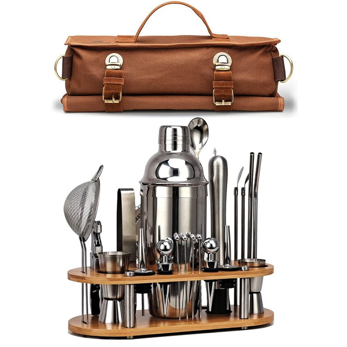 DUEBEL Bartenders Kit | Professional 24-Piece Mixology Bar Tool Set | with Travel Bartenders Bag and Stylish Bamboo Stand | Perfect
