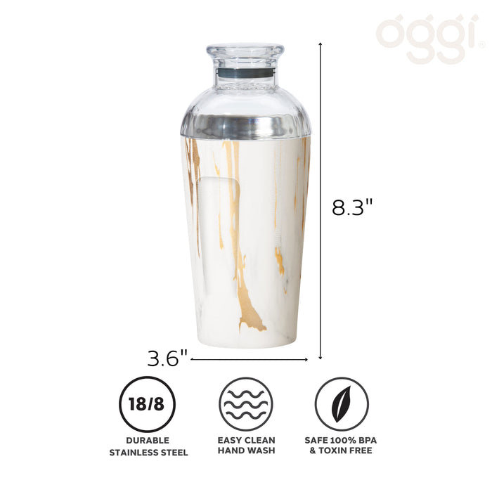 OGGI Groove Insulated Cocktail Shaker-17oz Double Wall Vacuum Insulated Stainless Steel Shaker, Tritan Lid has Built In Strainer, Ideal Cocktail Mixer, Martini Shaker, Margarita Shaker, Gold Marble