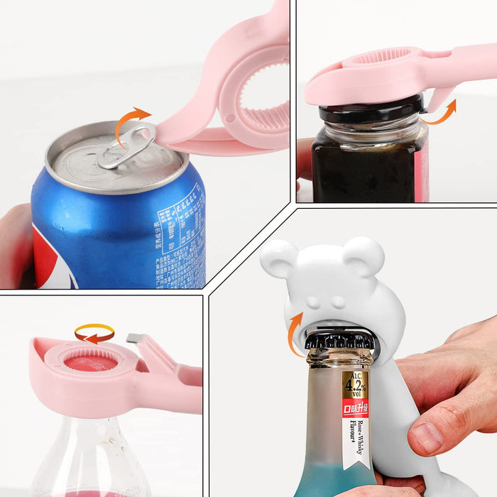 2PCS 4 in 1 Bottle Opener, Cute Bear Bottle Opener, Multifunction Jar Can Beer Bottle Opener ,White pink