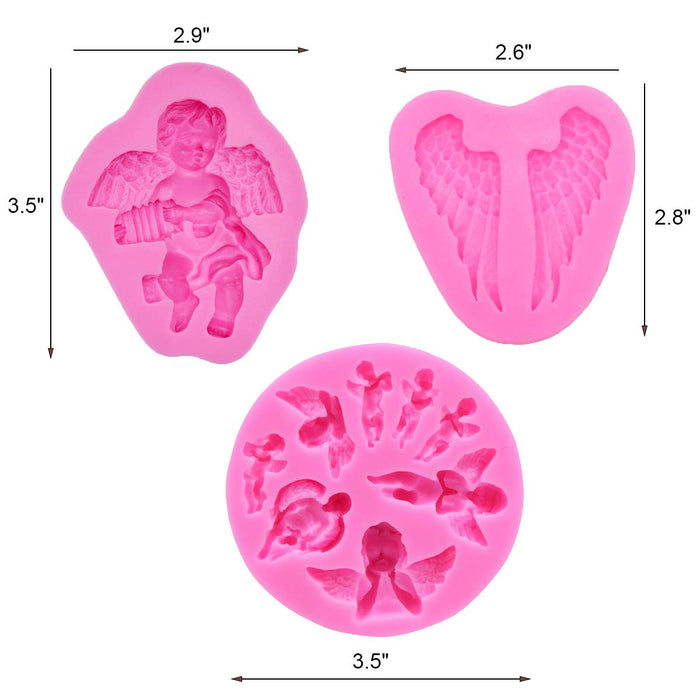 HiParty 3Pcs/Set Mini Angel Baby & Wings Fondant Molds Angelic Cherub Silicone Cake Decorating Tools Polymer Clay Molds for Boy Baby Shower Baptism CupCake Topper Decoration Favors