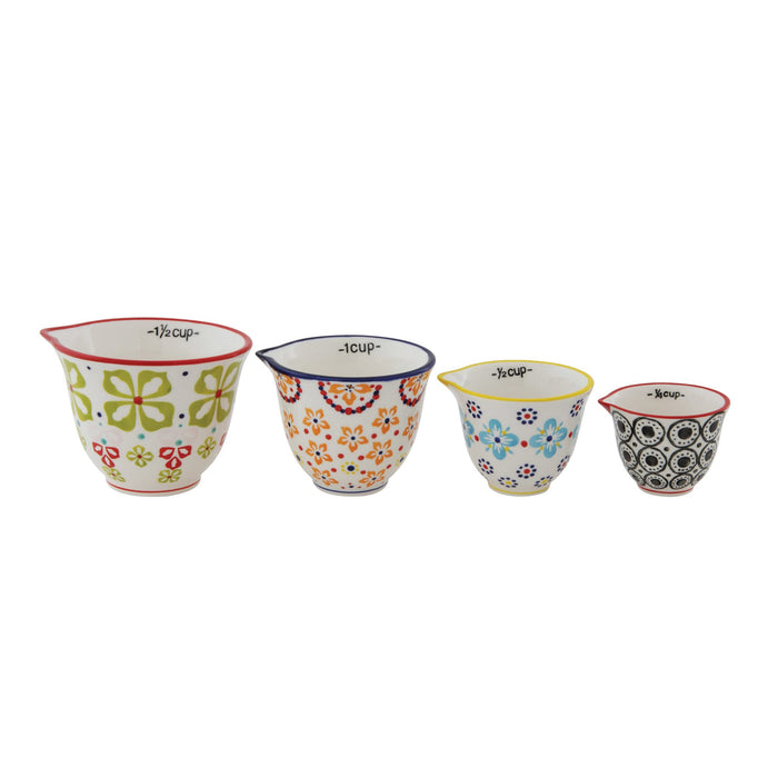 Hand-Stamped Stoneware Measuring Cups with Flowers, Set of 4