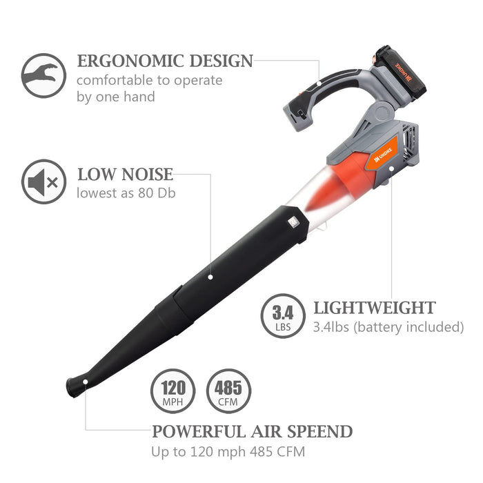 Ukoke 20V (120 MPH 458 CFM) Cordless Leaf Blower- 2.0 Ah Brushless Leaf Blower Lithium Battery and Charger Included, for Blowing Snow Debris, Leaves, and Dust