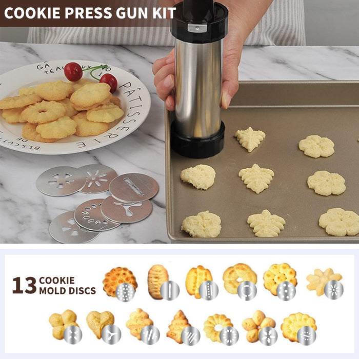 Cookie Press Stainless Steel Cookie Press Gun Kit Biscuit Maker and Churro Maker Cookie Press Machine with 20 Cookie Discs 4 Nozzles for DIY Biscuit