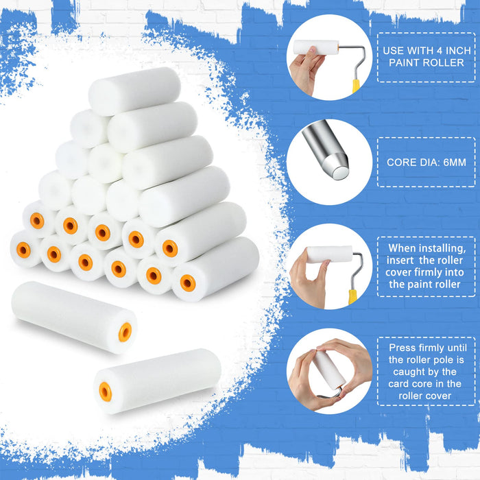 Foam Paint Roller,4-Inch Mini Paint Roller Cover Refills, Small Roller Nap,  Foam-Covered Ends, High-Density Foam Covers for Roller Frame and Paint