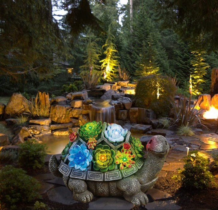 CT DISCOUNT STORE Solar Garden Statue Turtle Figurine - Colorful Succulent and 7 LED Lights Outdoor Lawn Decor - Garden Tortoise Statue for Patio, Lawn and Garden - Unique  for Family and Friend