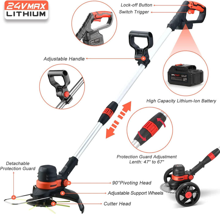 Electric Weed Wacker, 24V Cordless Weed Eater Battery Powered, Lightweight String Trimmer & Edger Lawn Tool, Battery Weed Eater with Shoulder Strap & 3 Types Blades for Yard and Garden