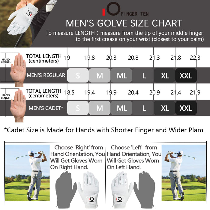 FINGER TEN Golf Gloves Men Right Handed Golfer Left Hand 3 Pack Cabretta Leather White Soft All Weather Grip Breathable Lightweight Flexible Glove