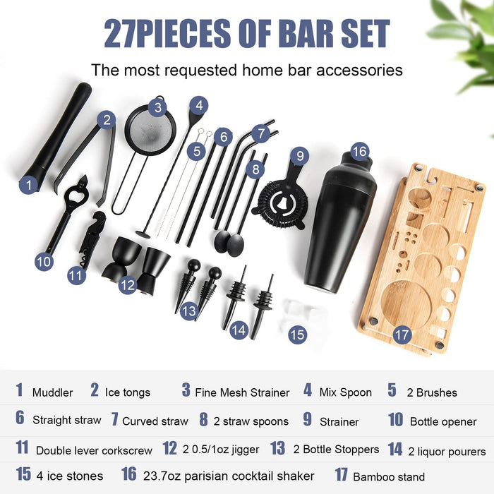 JNWINOG Cocktail Shaker Set,27-Piece Mixology Bartenders Kit with 23.7oz Parisian Shaker,Complete Professional Bar Tools for Black