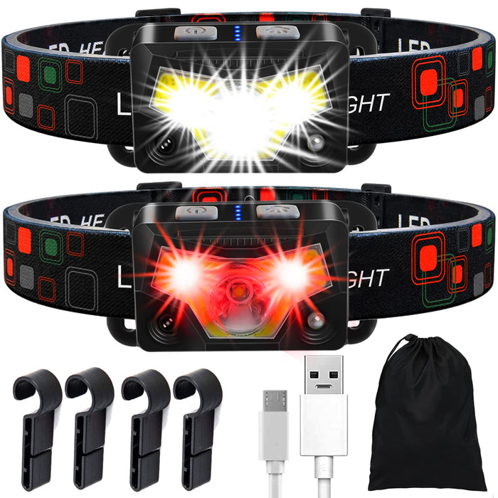 Headlamp Rechargeable, 2Pack LED Head Lamp Outdoor with White Red Lights,  1200 Lumen Super Bright Head Flashlight, 8 Modes, Motion Sensor, Waterproof Head  Light for Camping Fishing Running 