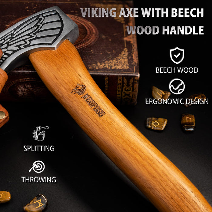 NedFoss 13" Viking Axe with Valkyrie Pattern, Bearded Axe High Carbon 1055 Steel and Leather Sheath, Beech Wood Handle for Soldier Warrior, Viking Hatchet ,Wall Hanging Axe, Viking Axe s for Women