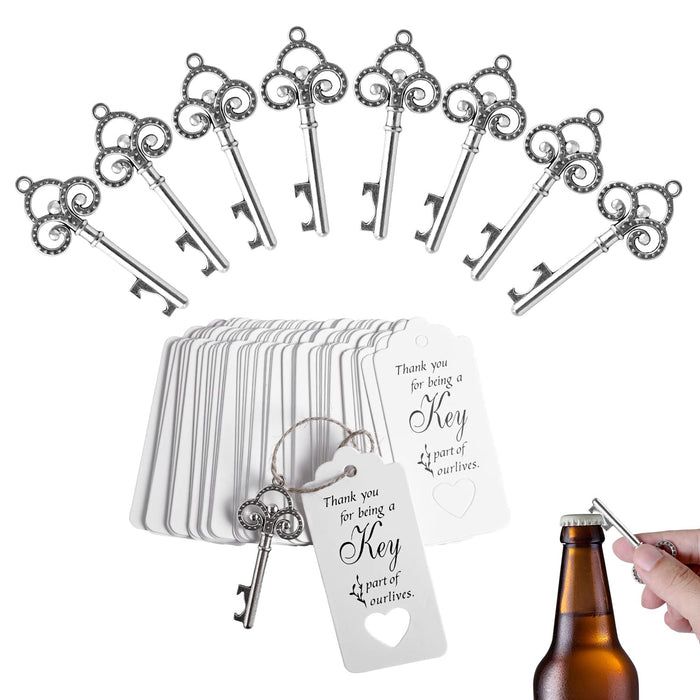 Abnaok 50PCS Wedding Favors/Party Favors Key Bottle Opener, Silver Skeleton Key Bottle Openers with Escort Tag Cards and Jute Rop