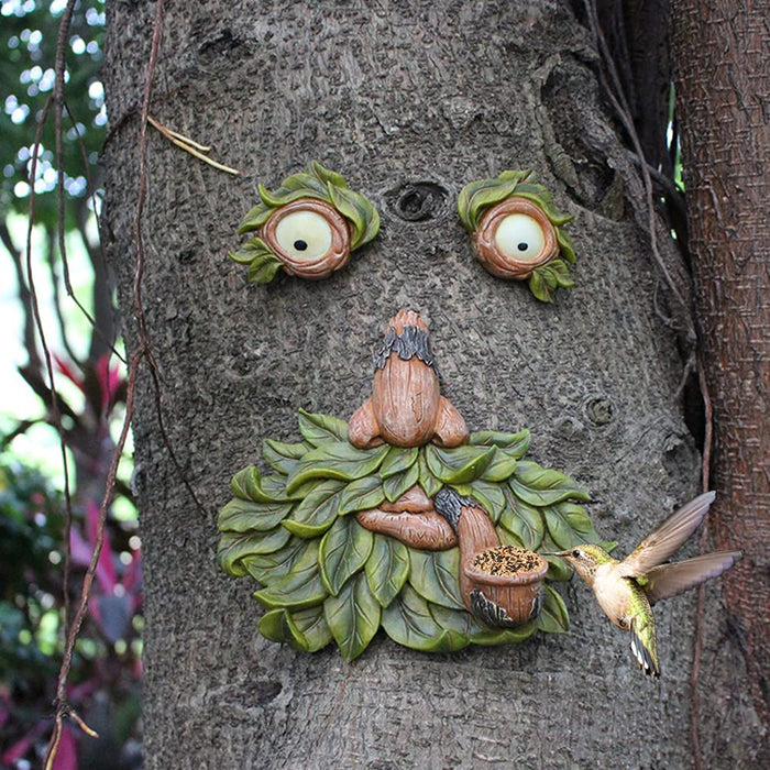 Tree Face Bird Feeder Outdoor, Glow Eyes in Dark, Fun Old Man Tree Face Statues Hugger, Outdoor Yard Art Garden Sculpture Decor（Extra Large）