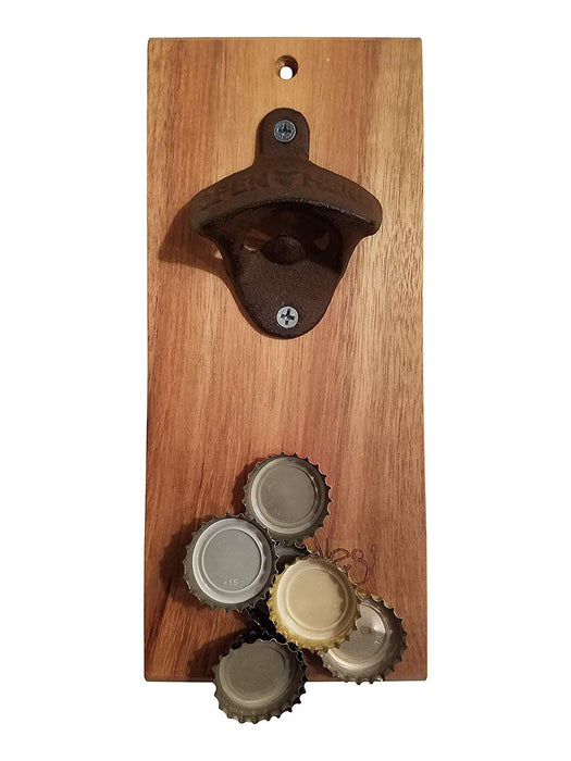 Magnetic Wall Mounted Bottle Opener with Cap Catcher and Mounting Kit, Wooden Bottle Opener for Home, Bar, Kitchen, Grilling Area