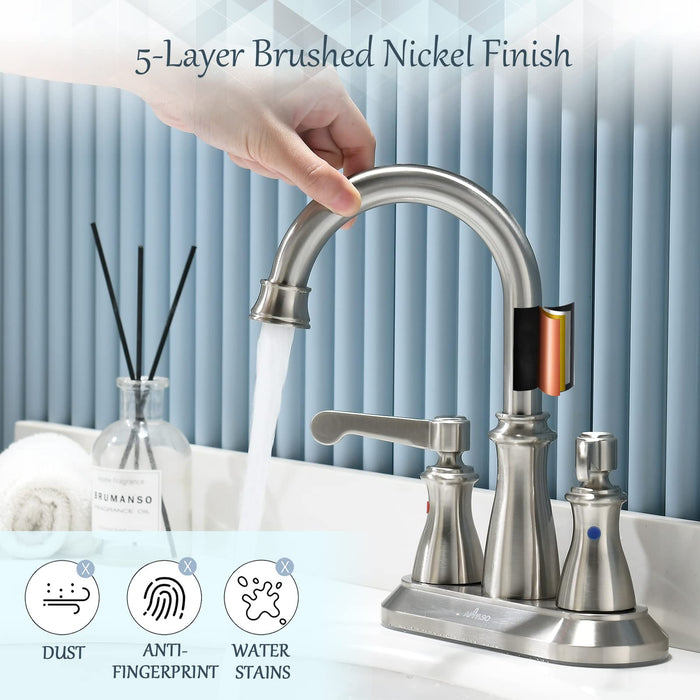 APPASO Brushed Nickel 2 Handle Bathroom Sink Faucet , Three Hole Swivel Spout 4" Lavatory Vanity Faucets with Pop-up Drain & Supply Lines, APB133BN