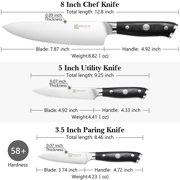  PAUDIN Kitchen Knife Set, 3 Piece High Carbon Stainless Steel  Professional Chef Knife Set with Ultra Sharp Blade & Wooden Handle (Kitchen  Knife Set 3 Pcs): Home & Kitchen