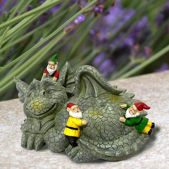 Sleeping Dragon With Mischievous Gnomes Garden Outdoor Statue. Unique Design, Eye-Catching Piece Of Dragon Decor, A Dragon Decoration Laid-Back Pose, Majestic Wings And Friendly Face Make Great .