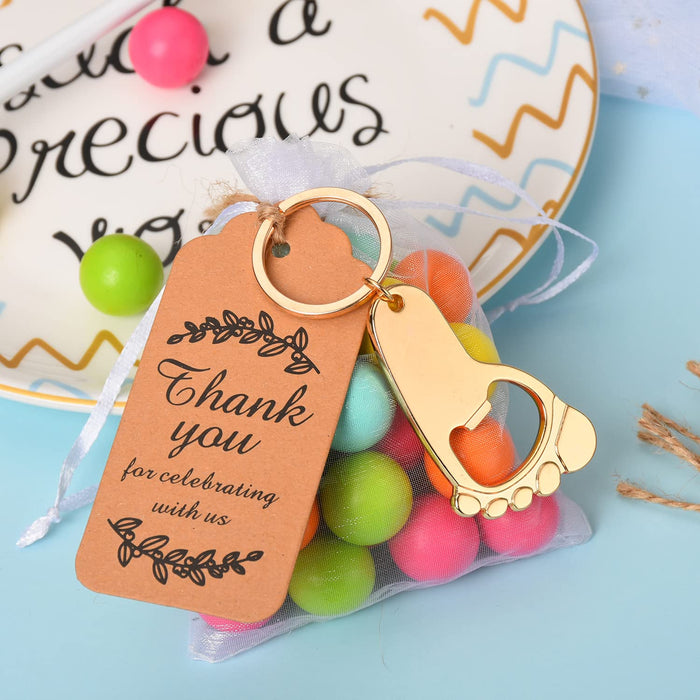 50 Pieces Footprint Bottle Opener Baby Shower Favors for Guest with Key chain and Organza Bags Tags (gold)