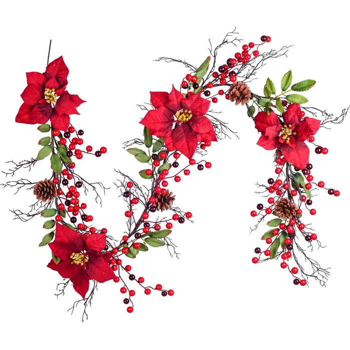 DearHouse 5.3 Ft Berry Christmas Garland, Artificial Poinsettia Garland with Red Berries and Holly Leaves, Pine Cone Garland for Winter Holiday Year Decor