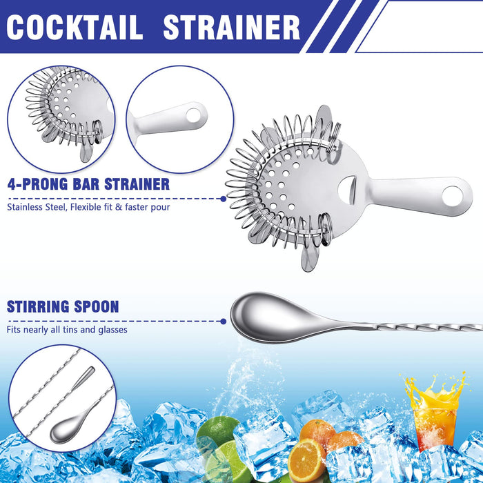 6 Packs Stainless Steel 4 Prong Bar Strainer Cocktail Strainer and 11.8 Inches Spiral Pattern Mixing Spoon Long Metal Bar Spoon