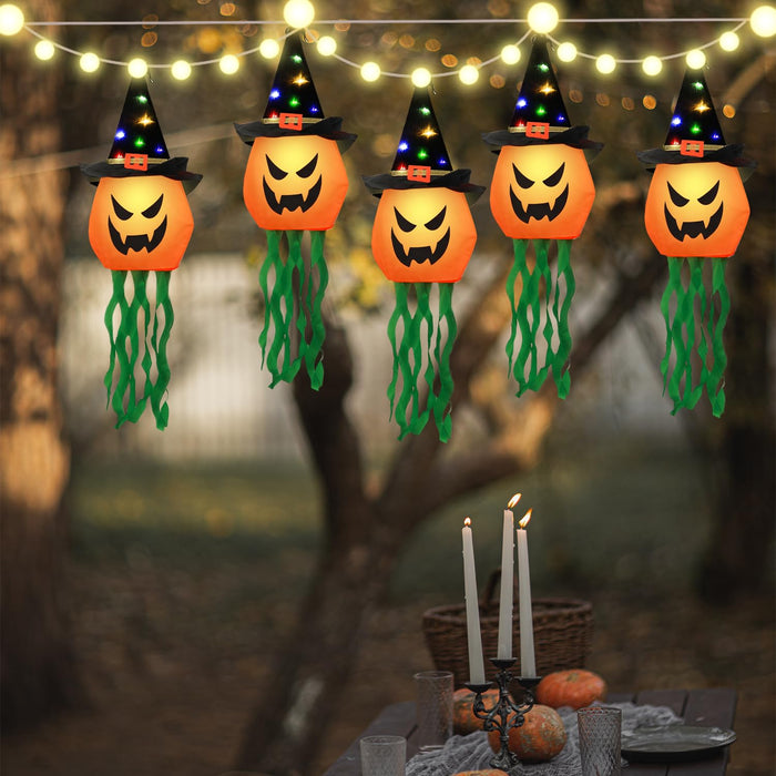5Pcs Halloween Pumpkin String Lights, Scary Halloween Hanging Pumpkins Outdoor Halloween String Lights Witch Hat Pumpkin Light