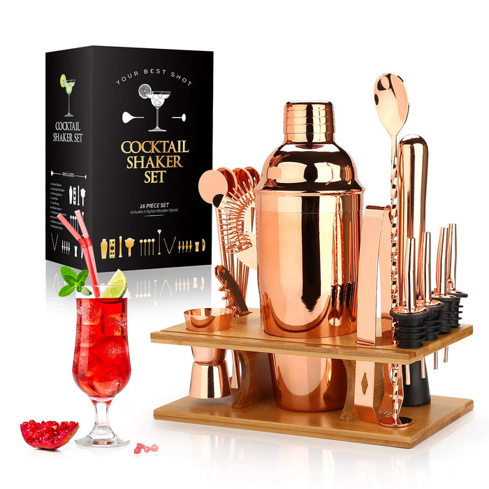 25 oz Cocktail Shaker Set 16 Pcs Mixology Bartenders Kit with Stand - Professional Stainless Steel Bartenders Kit - Perfect Home