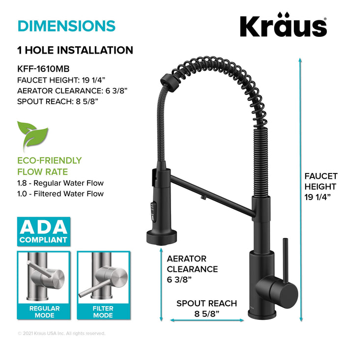 Kraus KFF-1610MB Bolden 2-in-1 Commercial Style Pull-Down Single Handle Filter Kitchen Faucet for Reverse Osmosis or Water Filtration System, Matte Black