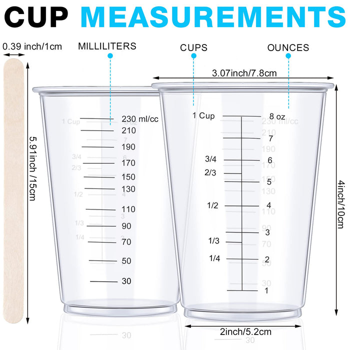 100 PACK Plastic Measuring Cups, 8 oz Disposable Mixing Cups with 100  Wooden Mixing Sticks, Can Be Used for Epoxy Resin, Liquid Measuring, Paint