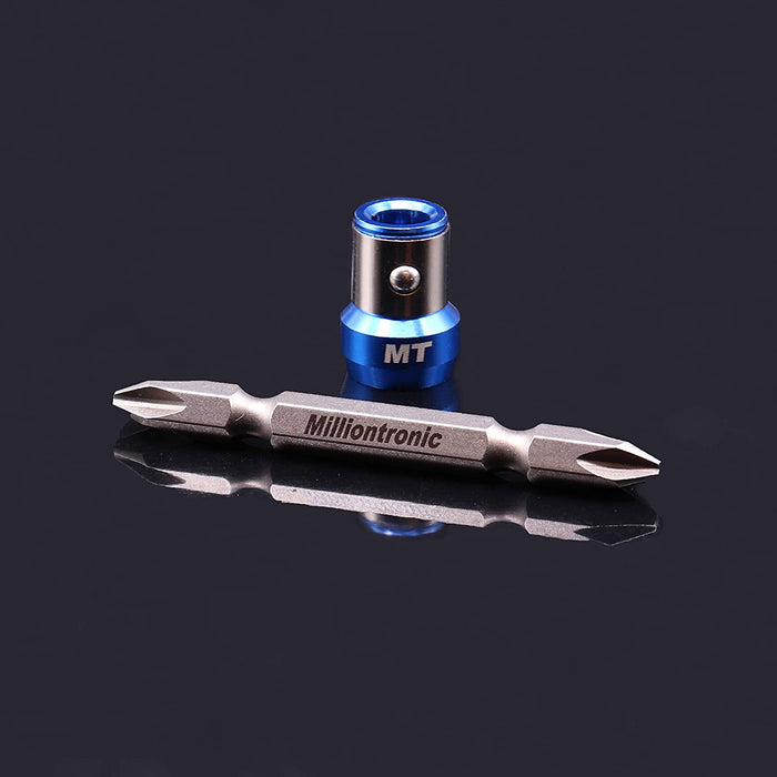 1 Magnetic Screw lock Sleeve and Double Head Phillips PH2 Screwdriver Bit. Accepts All 1/4" Screwdriver & Impact Bits. Precision CNC Machined S2 Steel & Aluminum. Strong Neodymium Magnet Rings