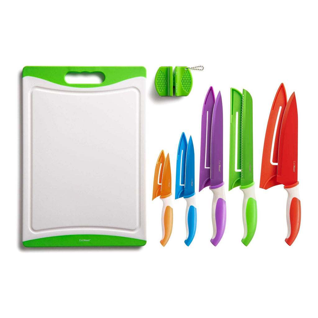 EatNeat 5 pc Cutting Board and Kitchen Knife Set - Premium Plastic Cutting  Boards and Kitchen Knife Set - Home Essentials Kit Includes Stainless Steel  Santoku Knife With Sheath and 3 Chopping Boards 