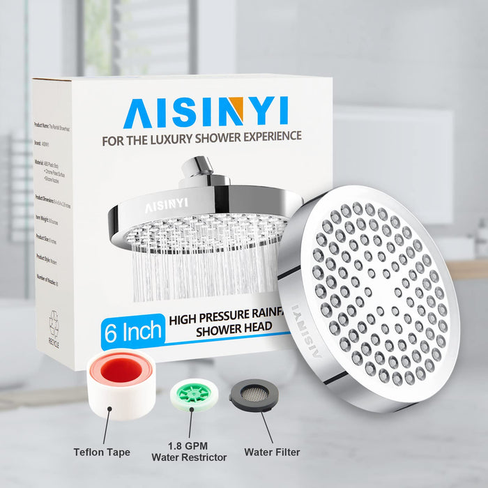 AISINYI High Pressure Rainfall Shower Head, 6 Inches Luxury Modern Showerhead with Perfect Adjustable Replacement, Removable Restrictor, Easy Installation for Your Bathroom Shower Heads(Chrome Plated)
