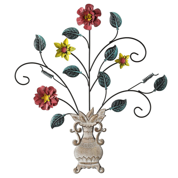 Metal Flowers Wall Decor 17.7'' x 20.67'', Metal Flower Wall Art, Decorative Wall Sculpture with Flowers and Wooden Vase