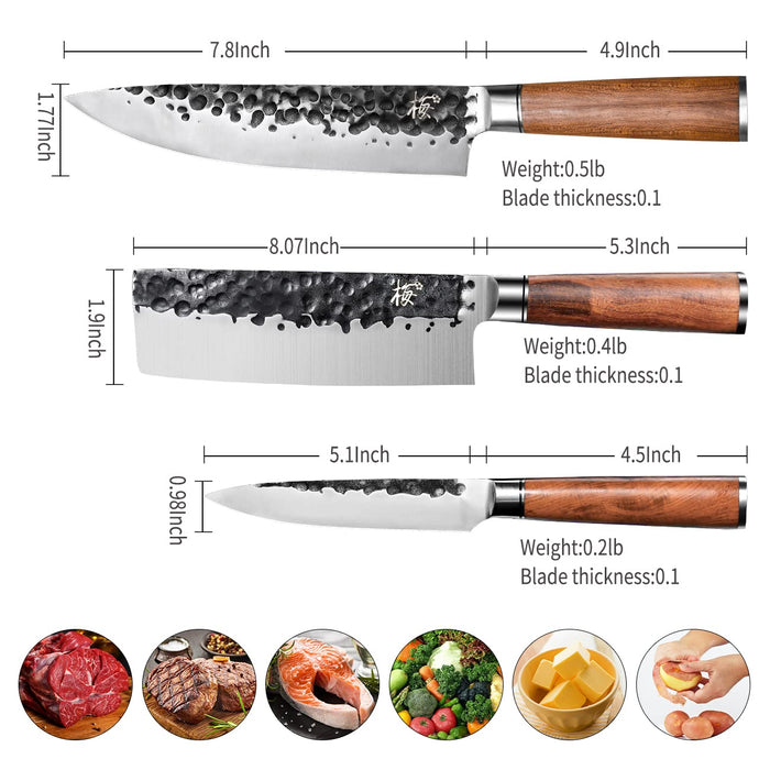 INK PLUMS 3 Pieces Kitchen Knife Set, Chef Knife, Usuba Knife, Paring knife, Germany High Carbon Stainless Steel Professional Knife, Hand-forged with Brazilian Rosewood,  Box
