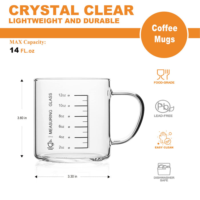 Luxu Glass Coffee Mugs Set of 4 Large Wide Mouth Mocha Hot Beverage Mugs (14oz) Clear Espresso Cups with Handle Lead-Free Drinking Glassware Perfect