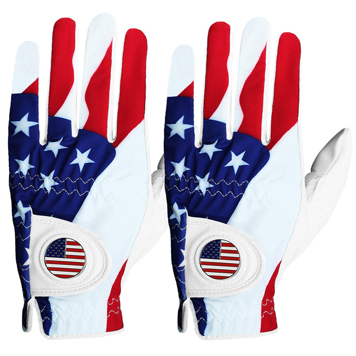 FINGER TEN Golf Gloves Men Left Hand Right with Ball Marker USA Flag Value 2 Pack Leather Breathable Comfortable Weathersof Grip Size Small Medium ML Large XL