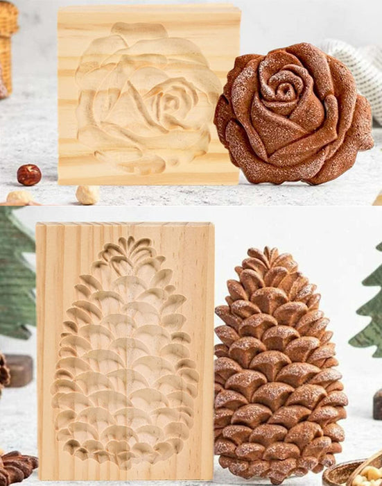 Ouhoe Cookie Cutter Embossing Mold,Pine Cone & Rose 2PC Funny Wooden Cookie Stamps for Baking,Gingerbread Mold,Pine Cone Mold