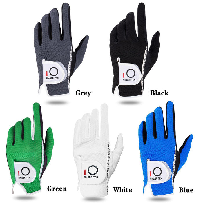 FINGER TEN Men's Golf Glove Rain Grip Pair Both Hand or 2 Pack Left Right Hand, Hot Wet Weather No Sweat, Black Gray Green, Fit Size Small Medium Large XL