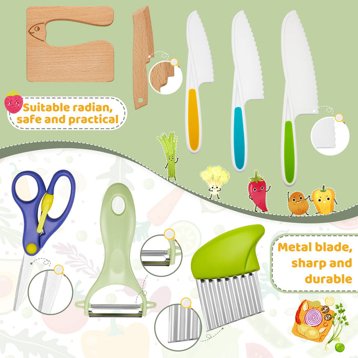 9 Pieces Kid Knife Set Includes 3 Pieces Kids Kitchen Safe Knives Cutting Board 2 Pieces Wood Cutters, Peeler and Multipurpose Scissor, Crinkle Potato Cutter for Kitchen Cooking
